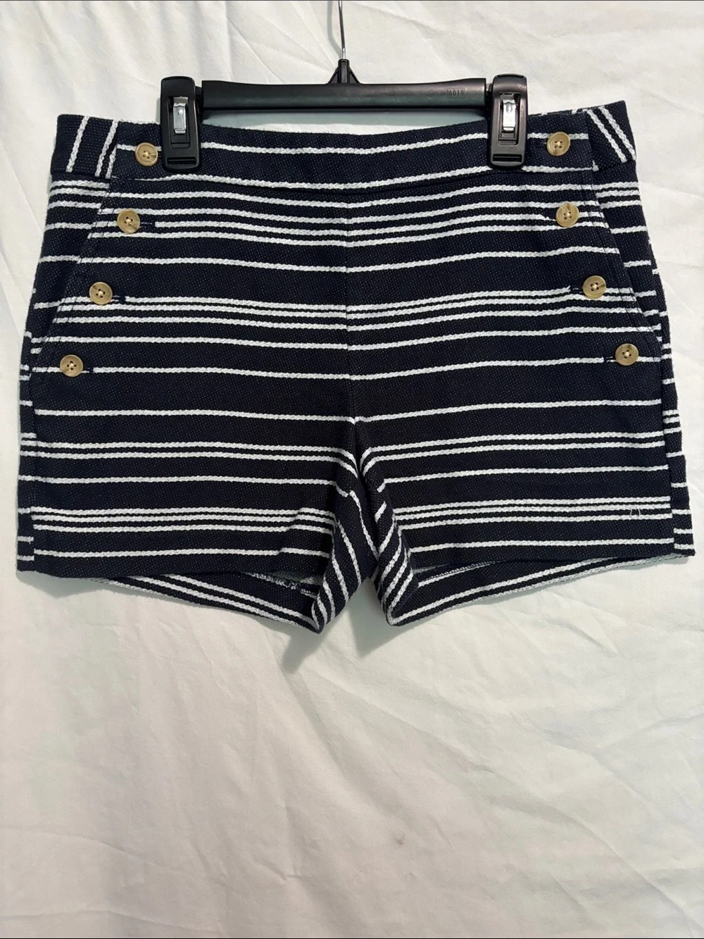 Banana Republic Navy and White Striped High-Waist Shorts with Gold Buttons